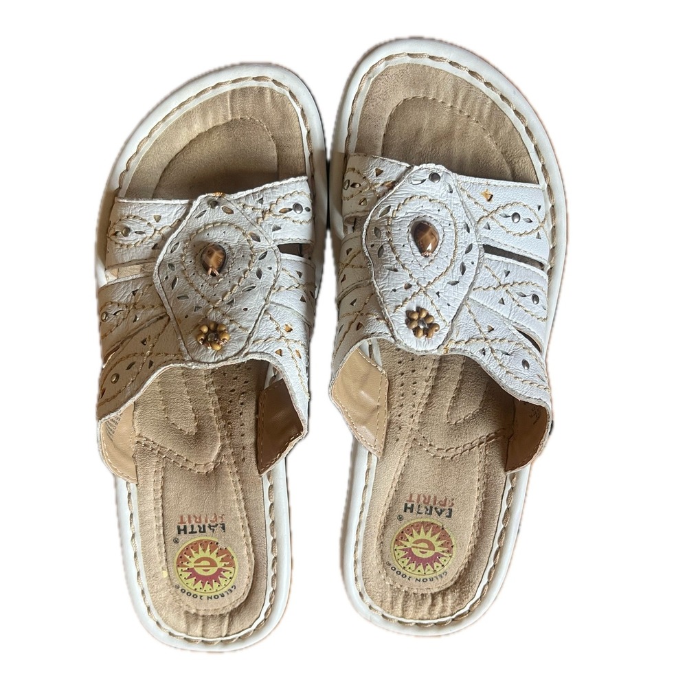 Vintage White Leather Wedge Sandals Slides Beads Women Sz 6 Boho Resort Beach